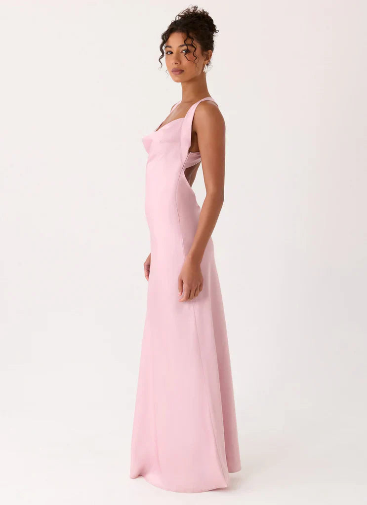 Blush Pink Satin Cowl Neck Open Back Twisted Strap Maxi Prom Dress for Events