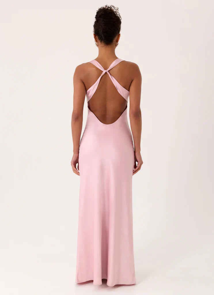 Blush Pink Satin Cowl Neck Open Back Twisted Strap Maxi Prom Dress for Events