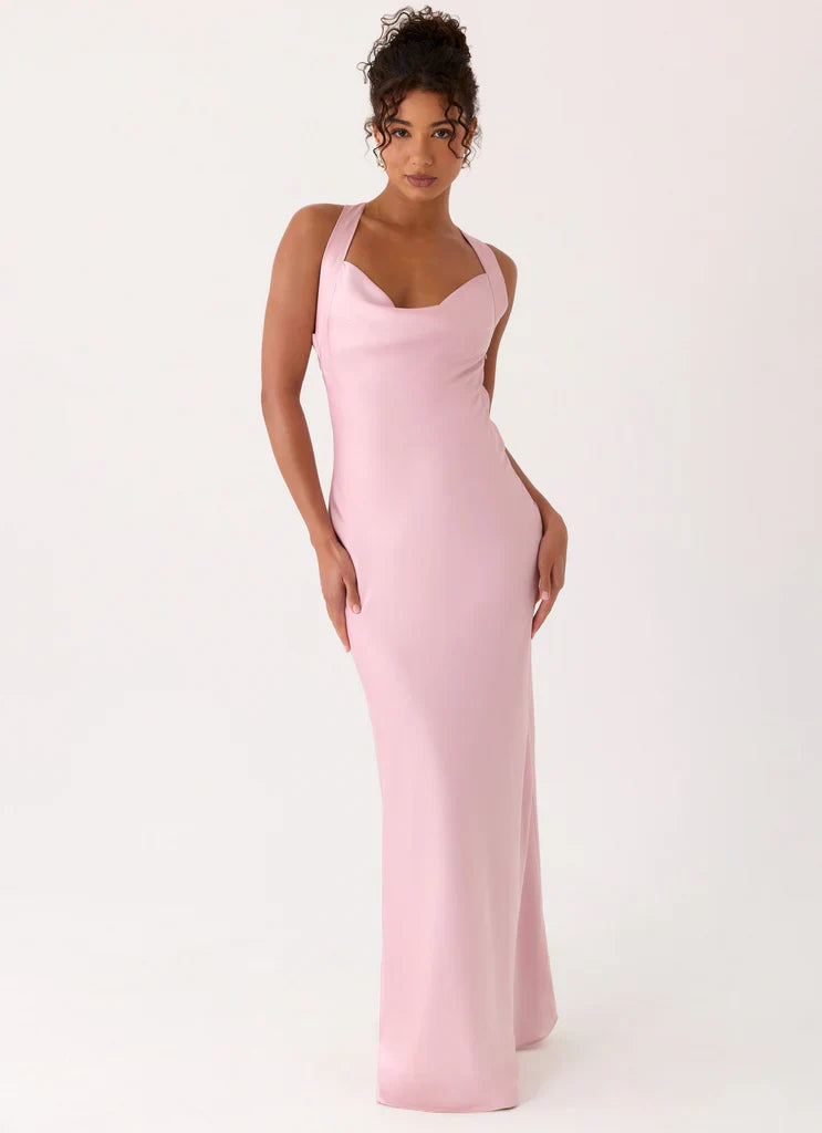 Blush Pink Satin Cowl Neck Open Back Twisted Strap Maxi Prom Dress for Events