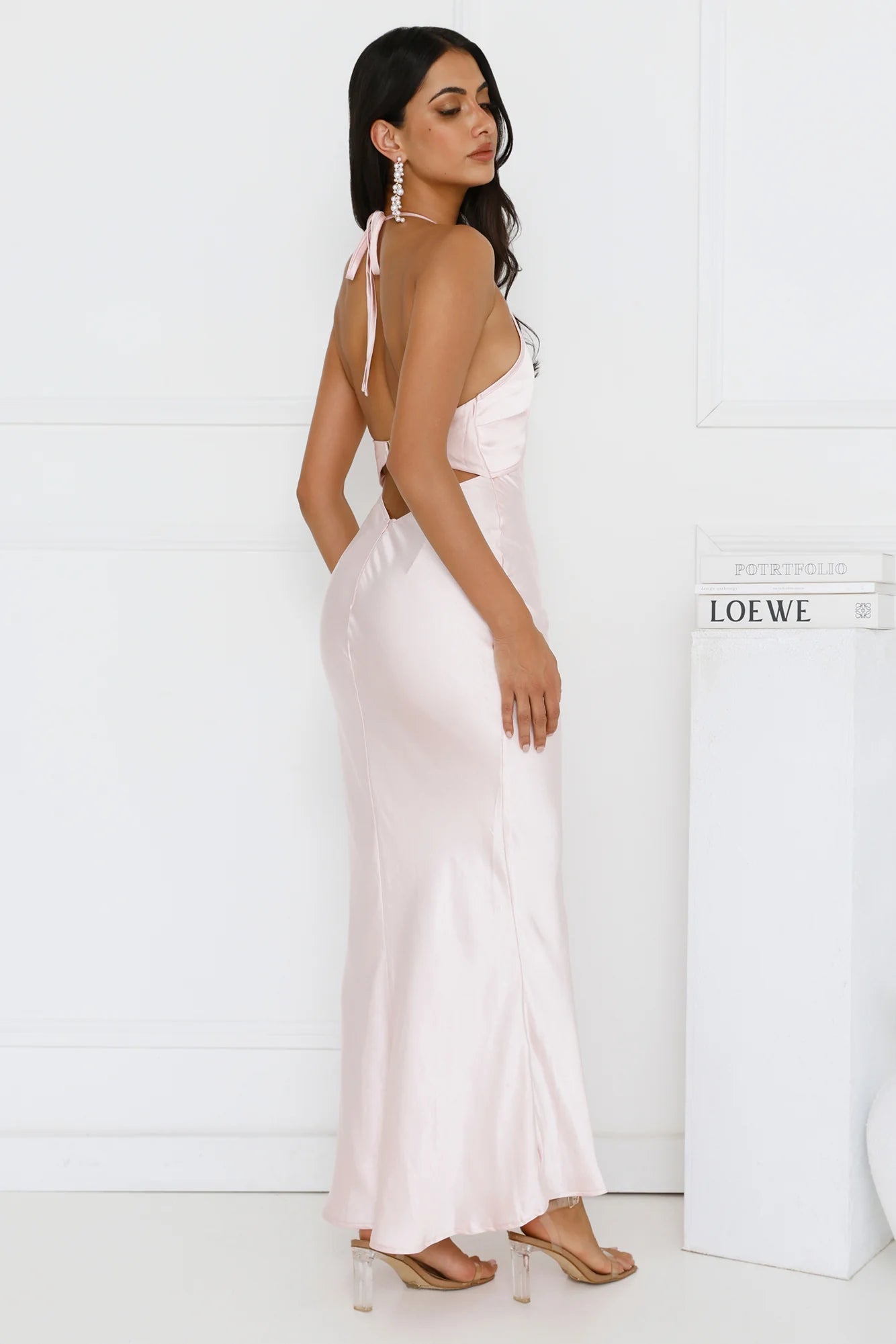 Blush Pink Satin Halter Cutout Backless Mermaid Maxi Evening Dresses