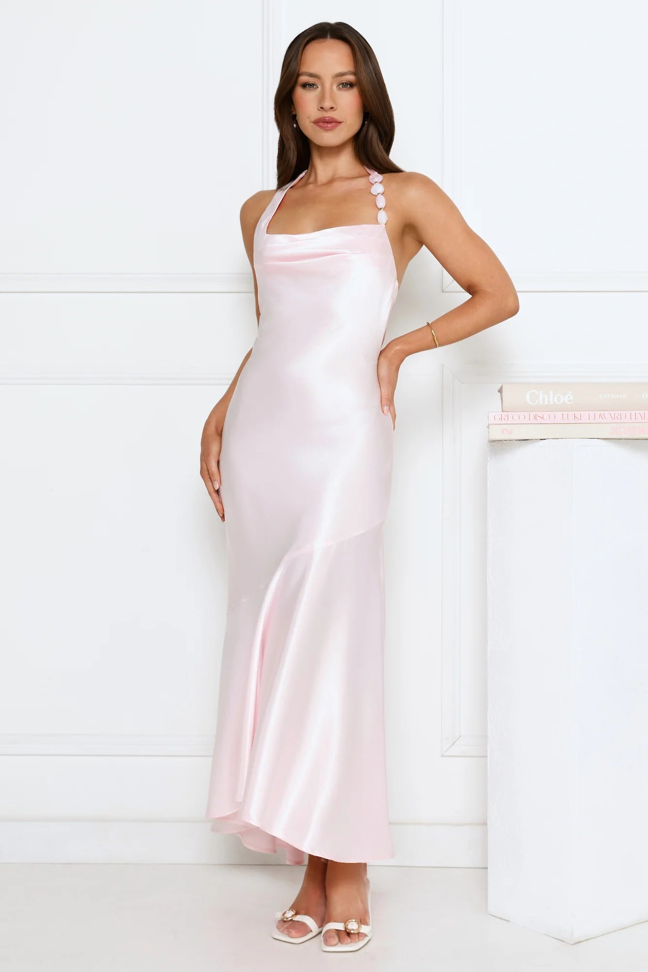 Blush Pink Satin Halter Neck Maxi Evening Dresses with Beaded Strap & Asymmetric Hem