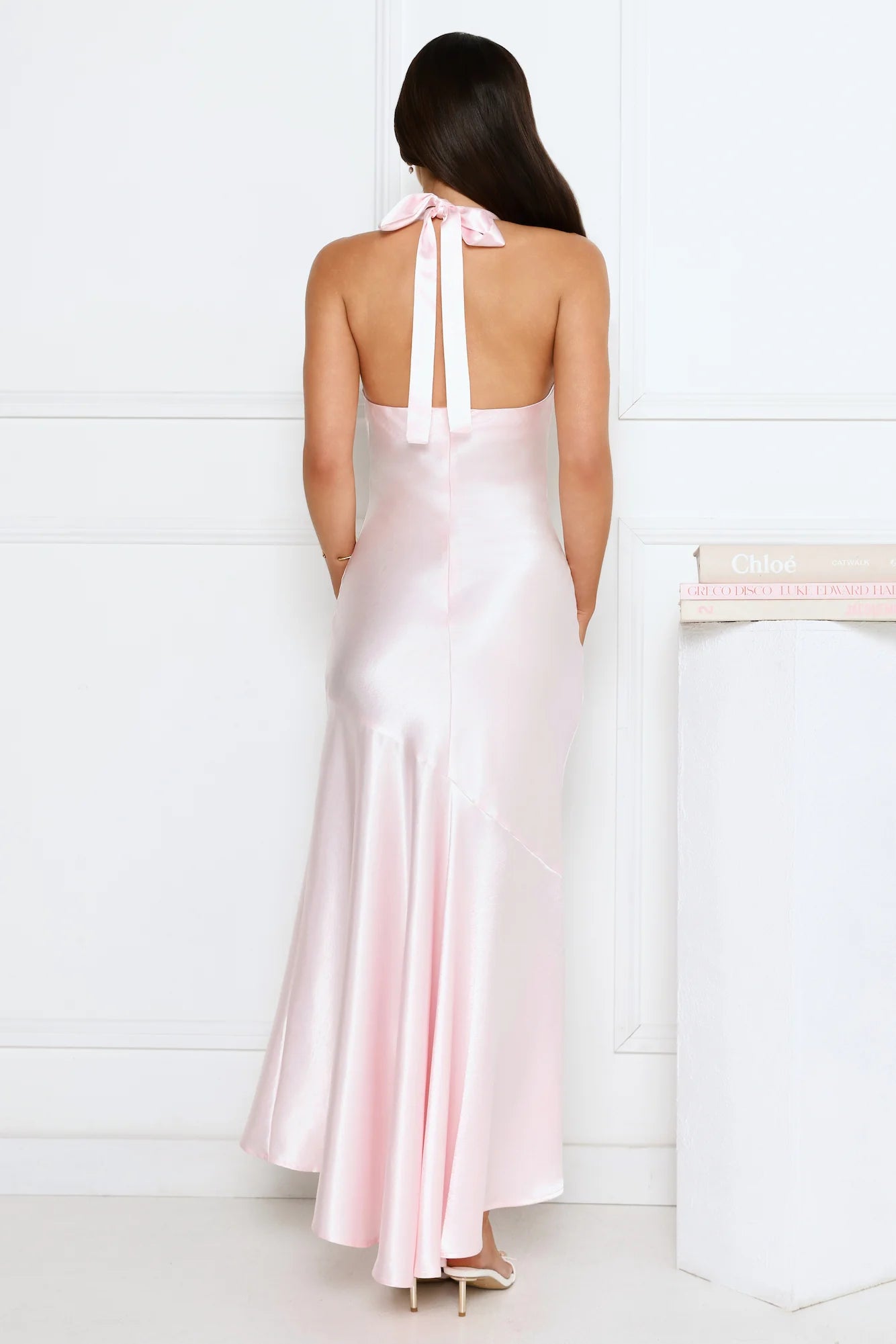 Blush Pink Satin Halter Neck Maxi Evening Dresses with Beaded Strap & Asymmetric Hem