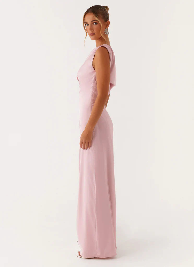 Blush Pink Satin One Shoulder Draped Maxi Dress For Elegant Formal Party Events
