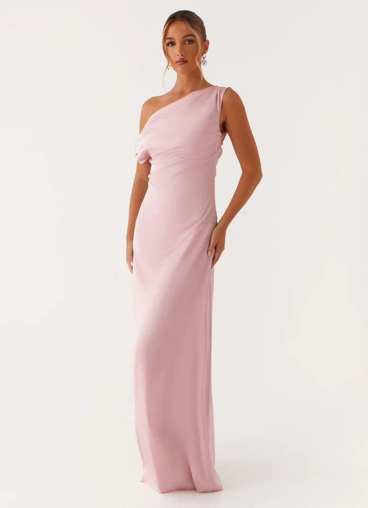 Blush Pink Satin One Shoulder Draped Maxi Dress For Elegant Formal Party Events