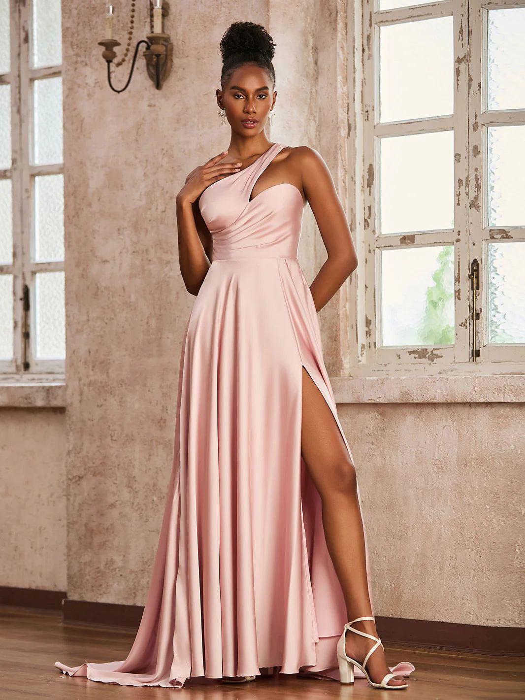 Blush Pink Satin One Shoulder High Slit A-Line Evening Dresses