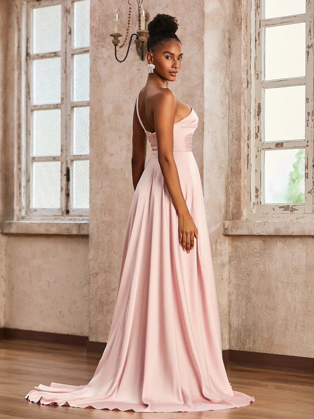 Blush Pink Satin One Shoulder High Slit A-Line Evening Dresses