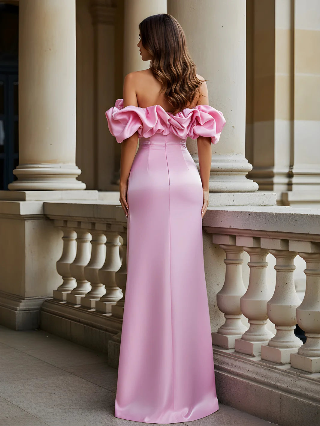 Blush Pink Satin Ruffle Off-the-Shoulder High Slit Mermaid Evening Dresses