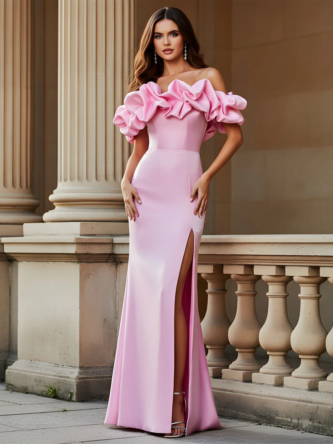 Blush Pink Satin Ruffle Off-the-Shoulder High Slit Mermaid Evening Dresses