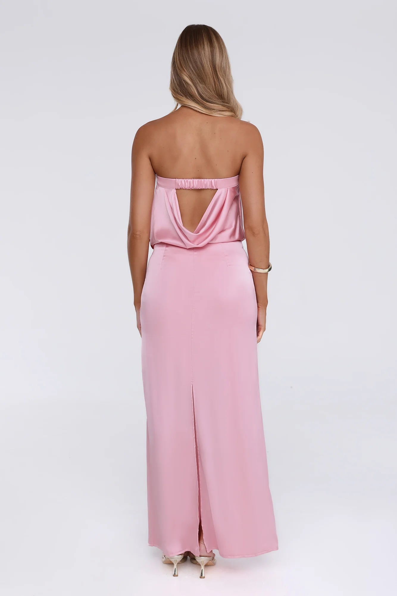 Blush Pink Satin Strapless Keyhole Cowl Back Evening Dresses