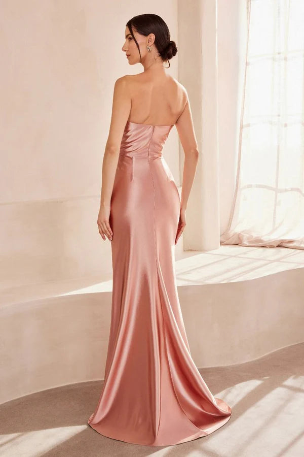Blush Pink Satin Strapless Ruched Mermaid Slit Maxi Evening Dresses