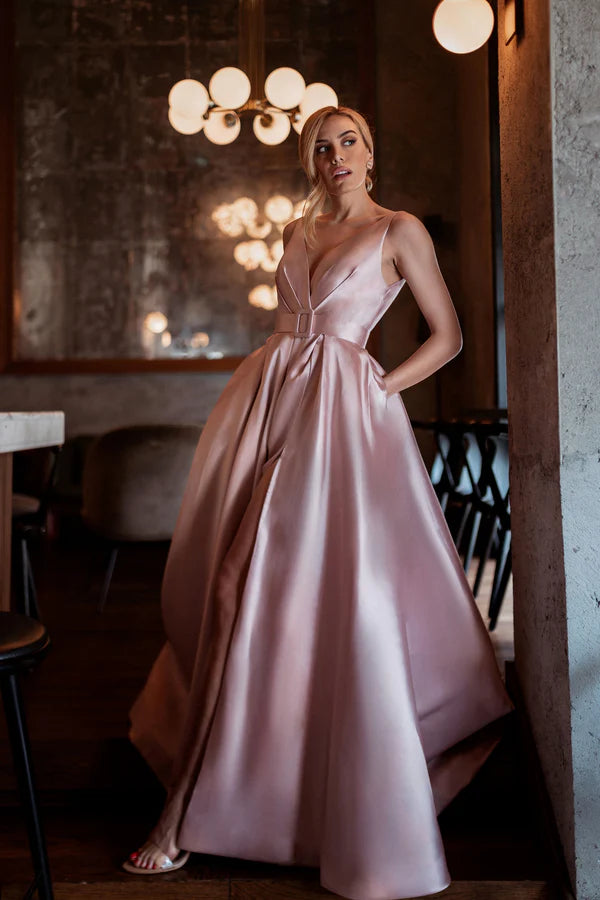 Blush Pink Satin V-Neck Belted Pocket A-Line Maxi Evening Dresses