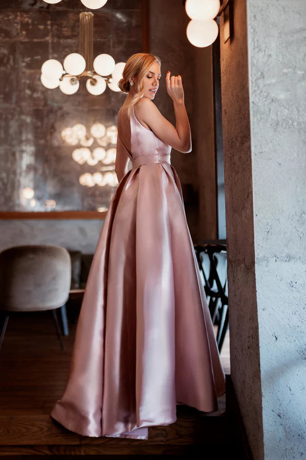 Blush Pink Satin V-Neck Belted Pocket A-Line Maxi Evening Dresses