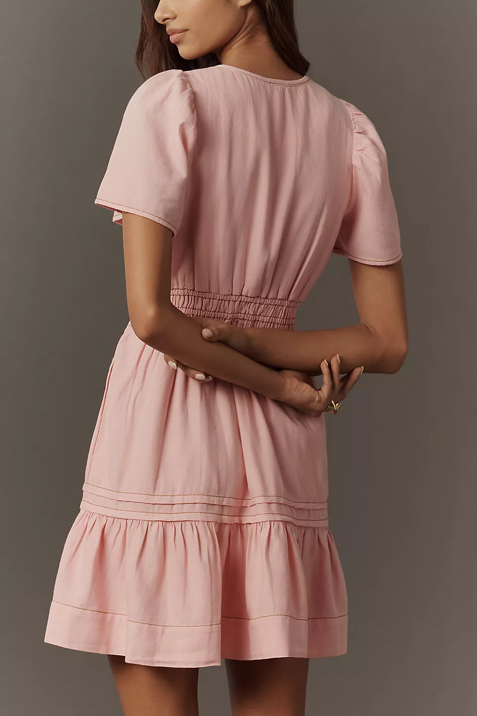 Blush Pink Smocked Waist Mini Evening Dresses with Puff Sleeves & Ruffle Hem