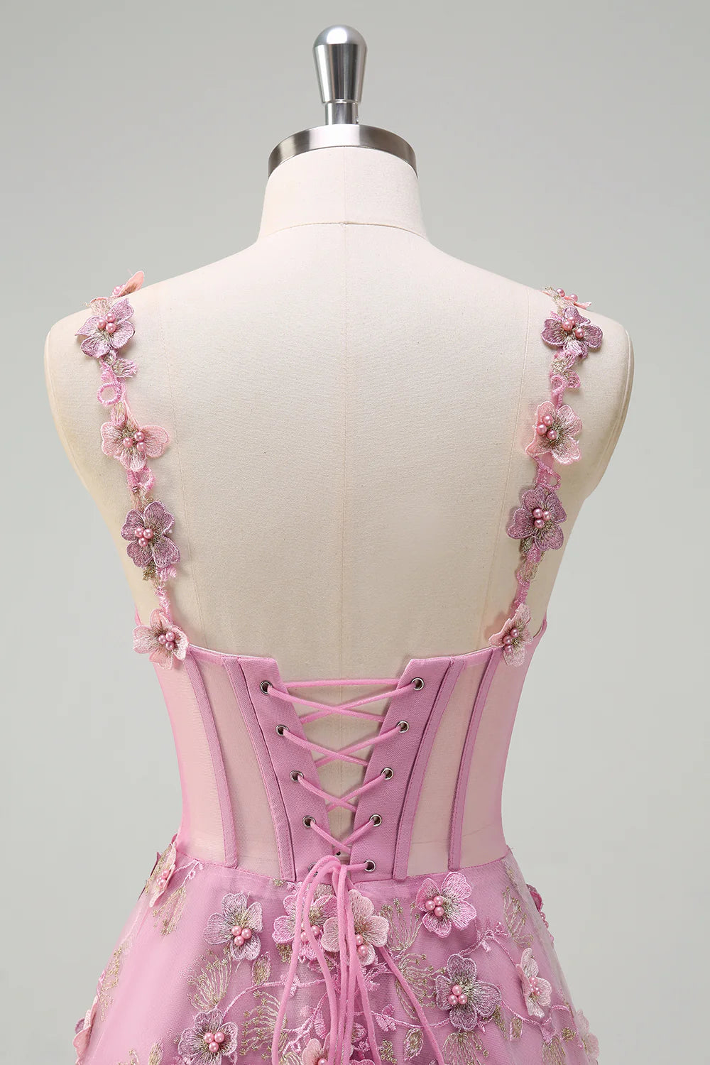 Blush Pink Spaghetti Strap Floral Applique Corset Tulle Evening Dress