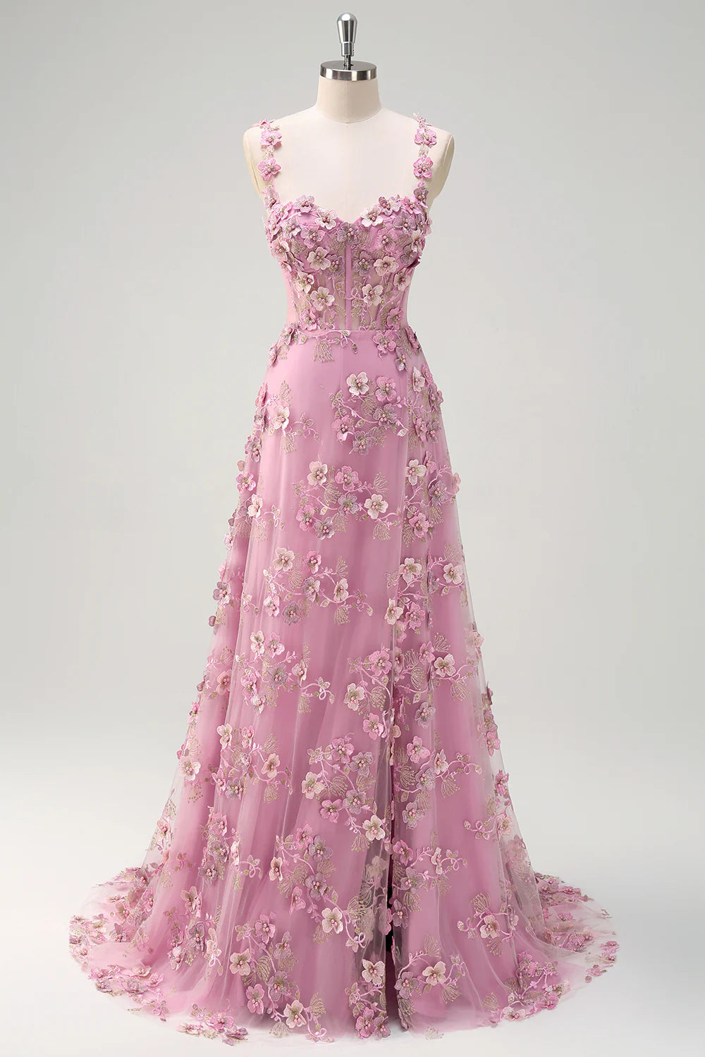 Blush Pink Spaghetti Strap Floral Applique Corset Tulle Evening Dress