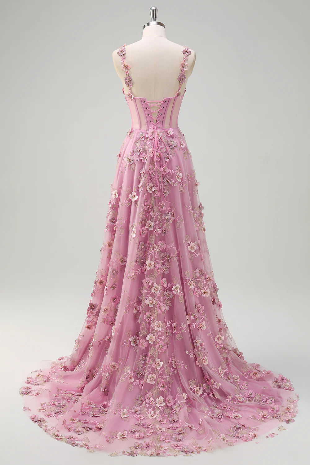 Blush Pink Spaghetti Strap Floral Applique Corset Tulle Evening Dress