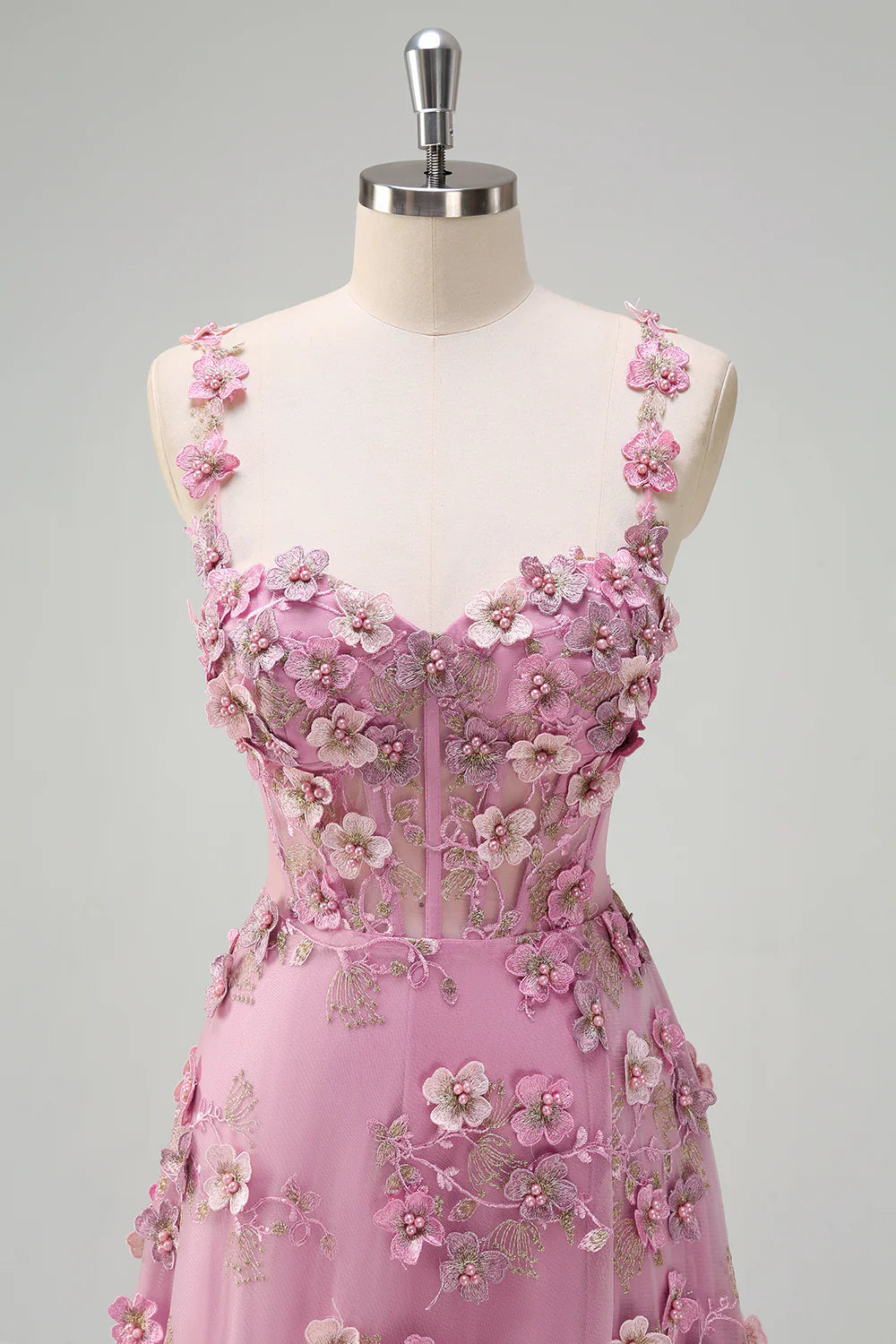 Blush Pink Spaghetti Strap Floral Applique Corset Tulle Evening Dress