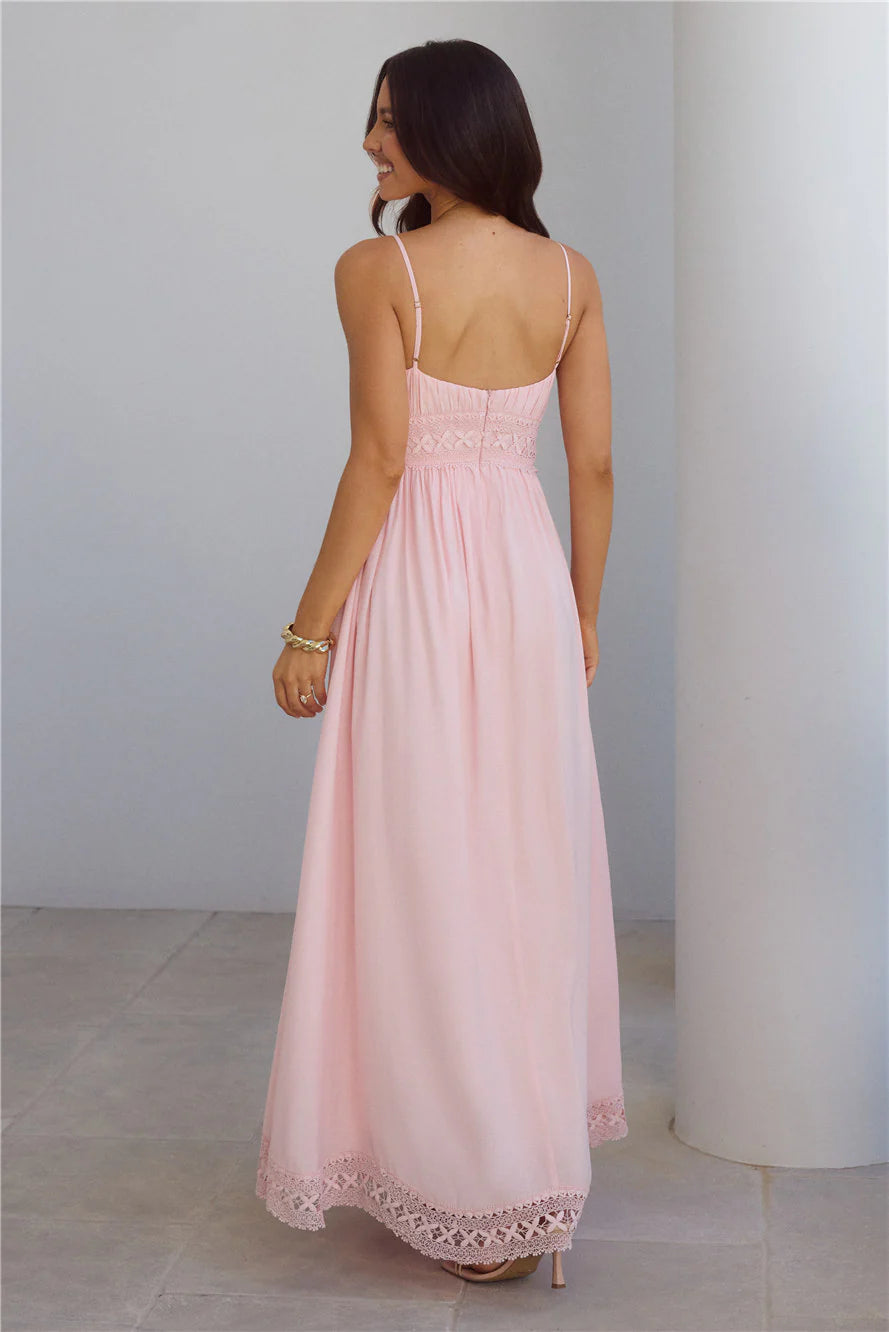 Blush Pink Spaghetti Strap Lace Trim Maxi Dresses