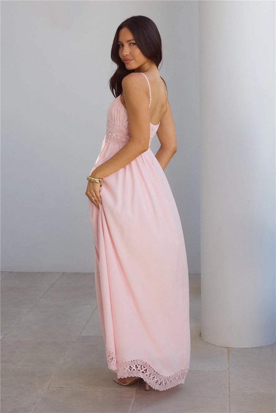 Blush Pink Spaghetti Strap Lace Trim Maxi Dresses