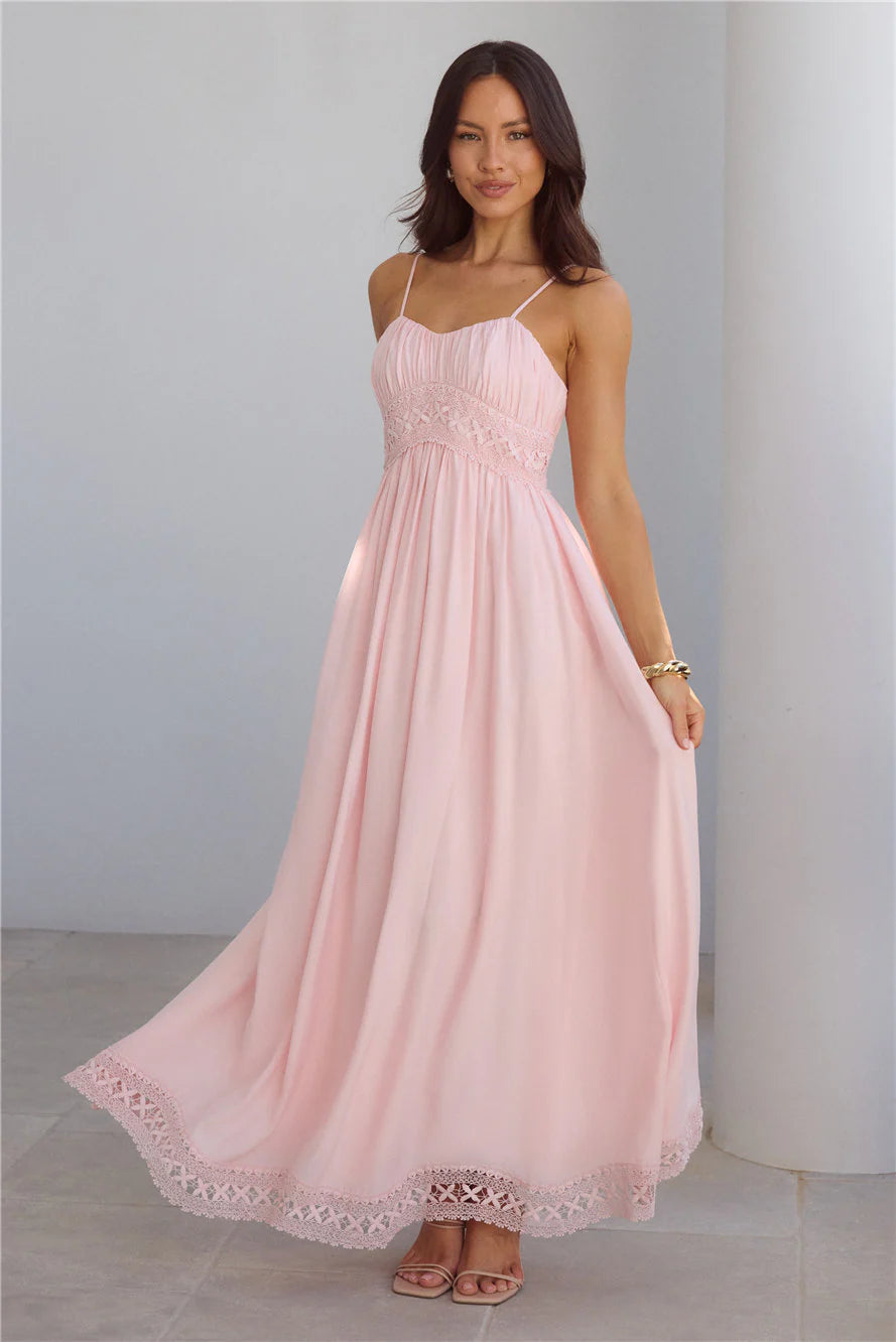 Blush Pink Spaghetti Strap Lace Trim Maxi Dresses