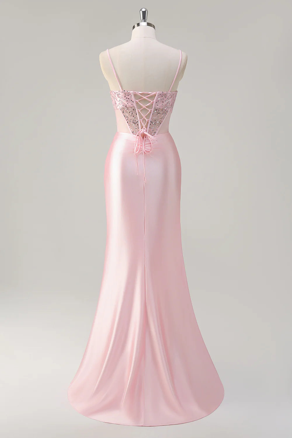 Blush Pink Spaghetti Strap Sequin Corset Satin Mermaid Evening Dresses