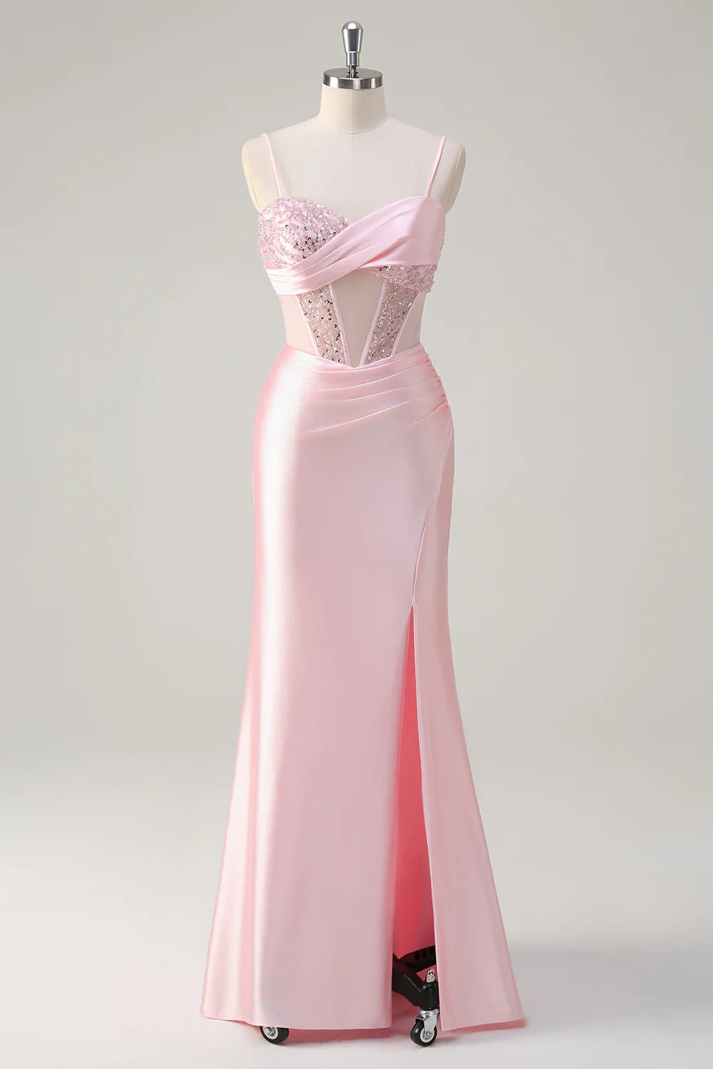 Blush Pink Spaghetti Strap Sequin Corset Satin Mermaid Evening Dresses