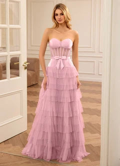 Blush Pink Strapless Corset Bow Tiered Tulle Evening Dresses