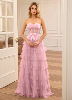 Blush Pink Strapless Corset Bow Tiered Tulle Evening Dresses