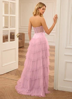 Blush Pink Strapless Corset Bow Tiered Tulle Evening Dresses