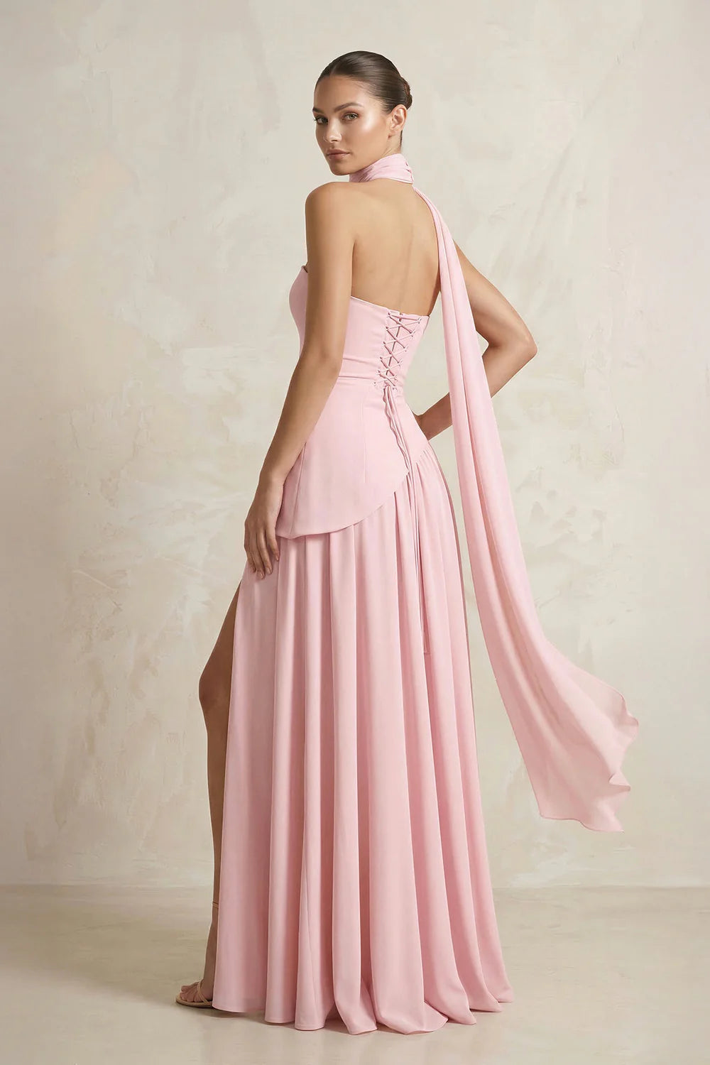 Blush Pink Strapless Draped Scarf Evening Dresses