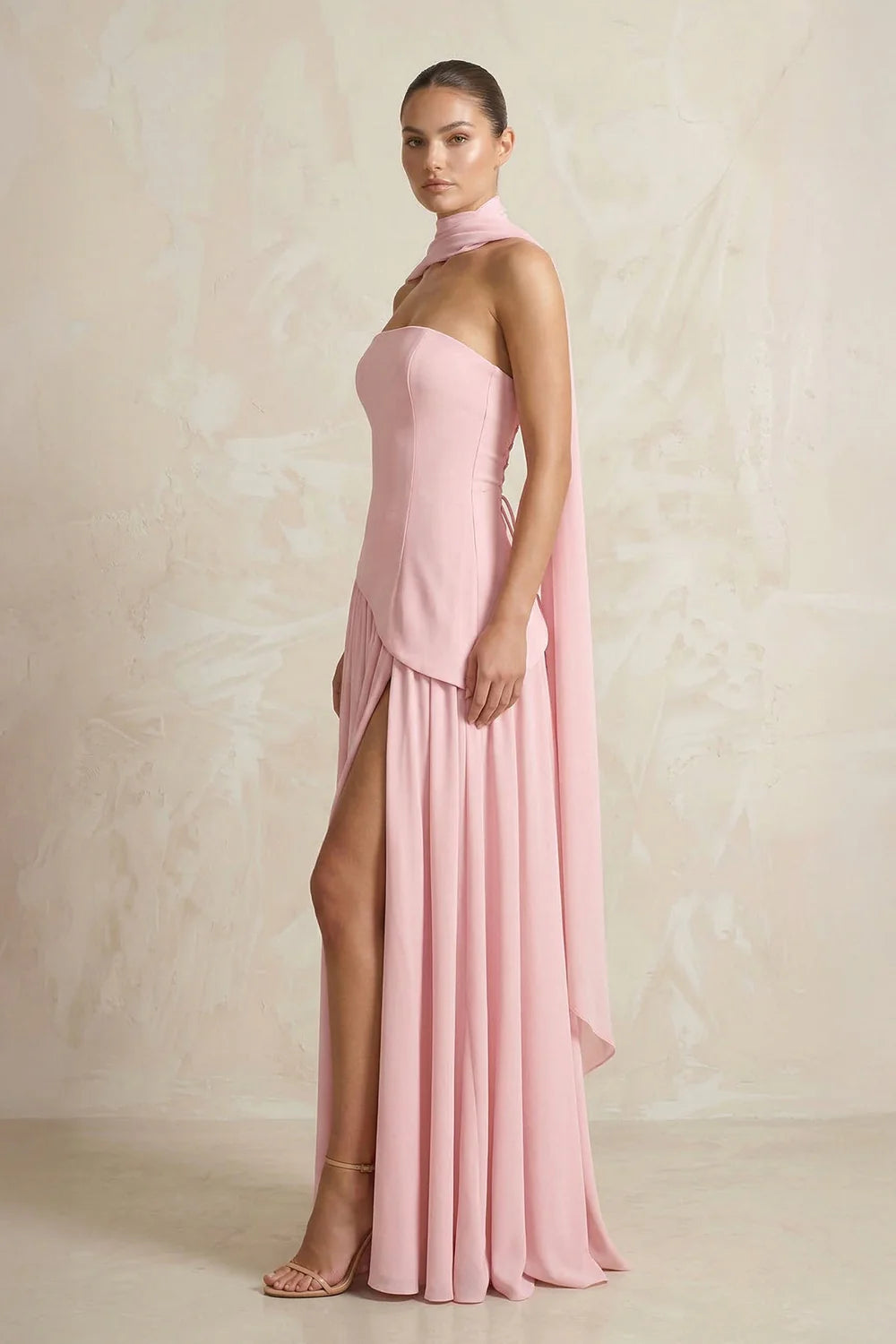 Blush Pink Strapless Draped Scarf Evening Dresses