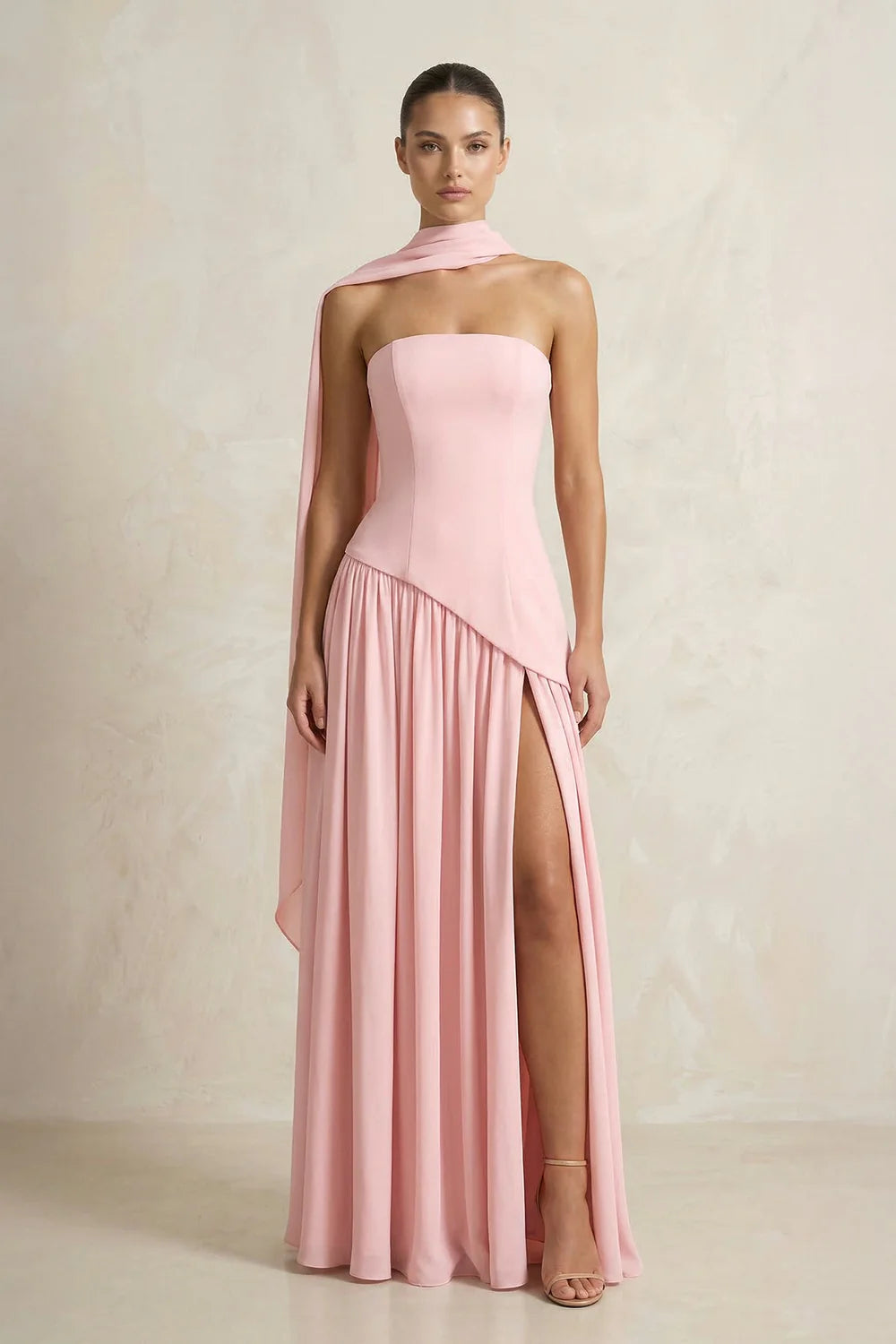 Blush Pink Strapless Draped Scarf Evening Dresses