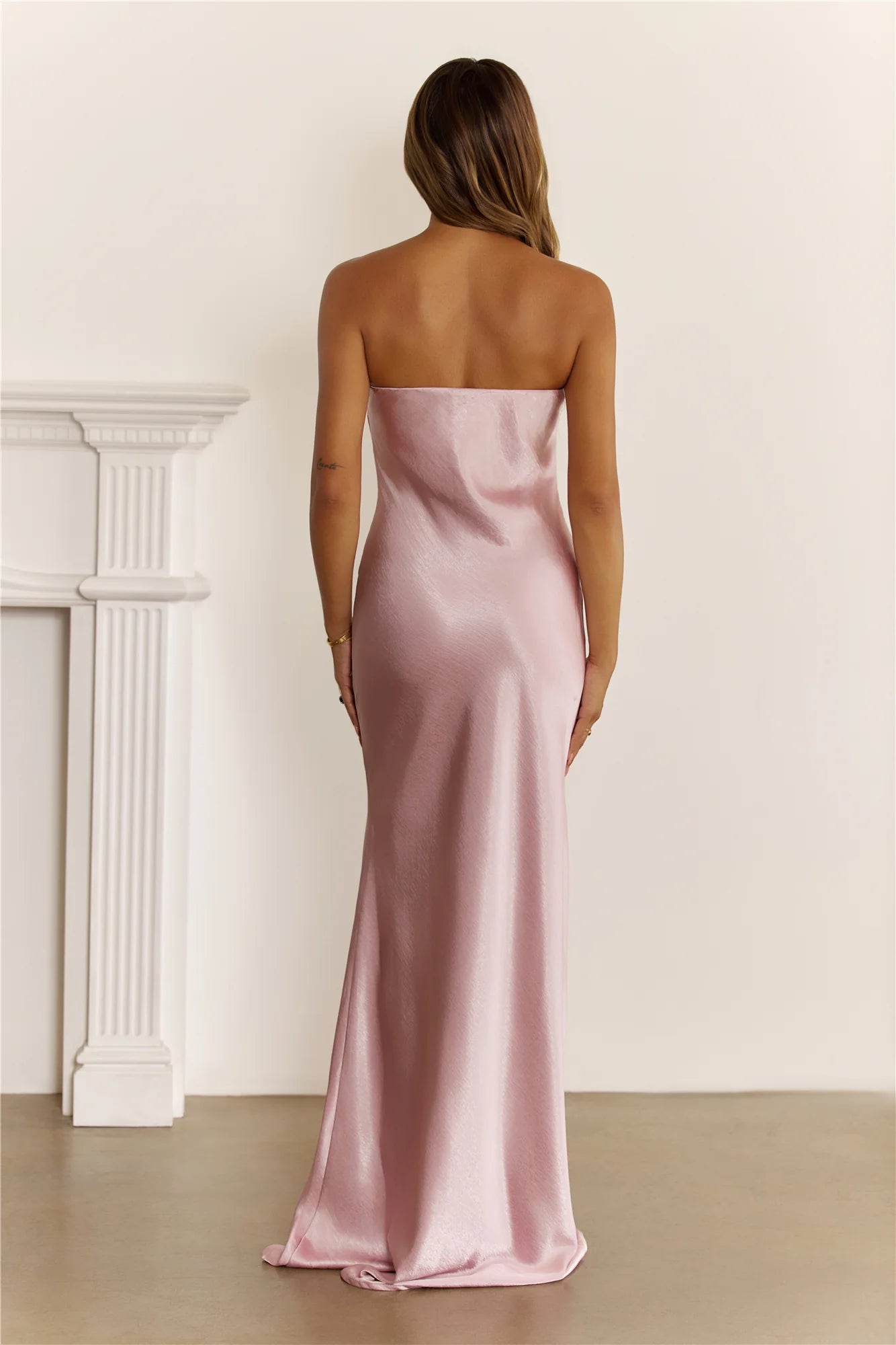 Blush Pink Strapless Floral Appliqué Satin Mermaid Evening Dresses