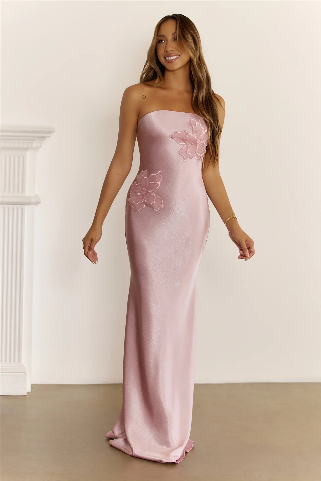 Blush Pink Strapless Floral Appliqué Satin Mermaid Evening Dresses