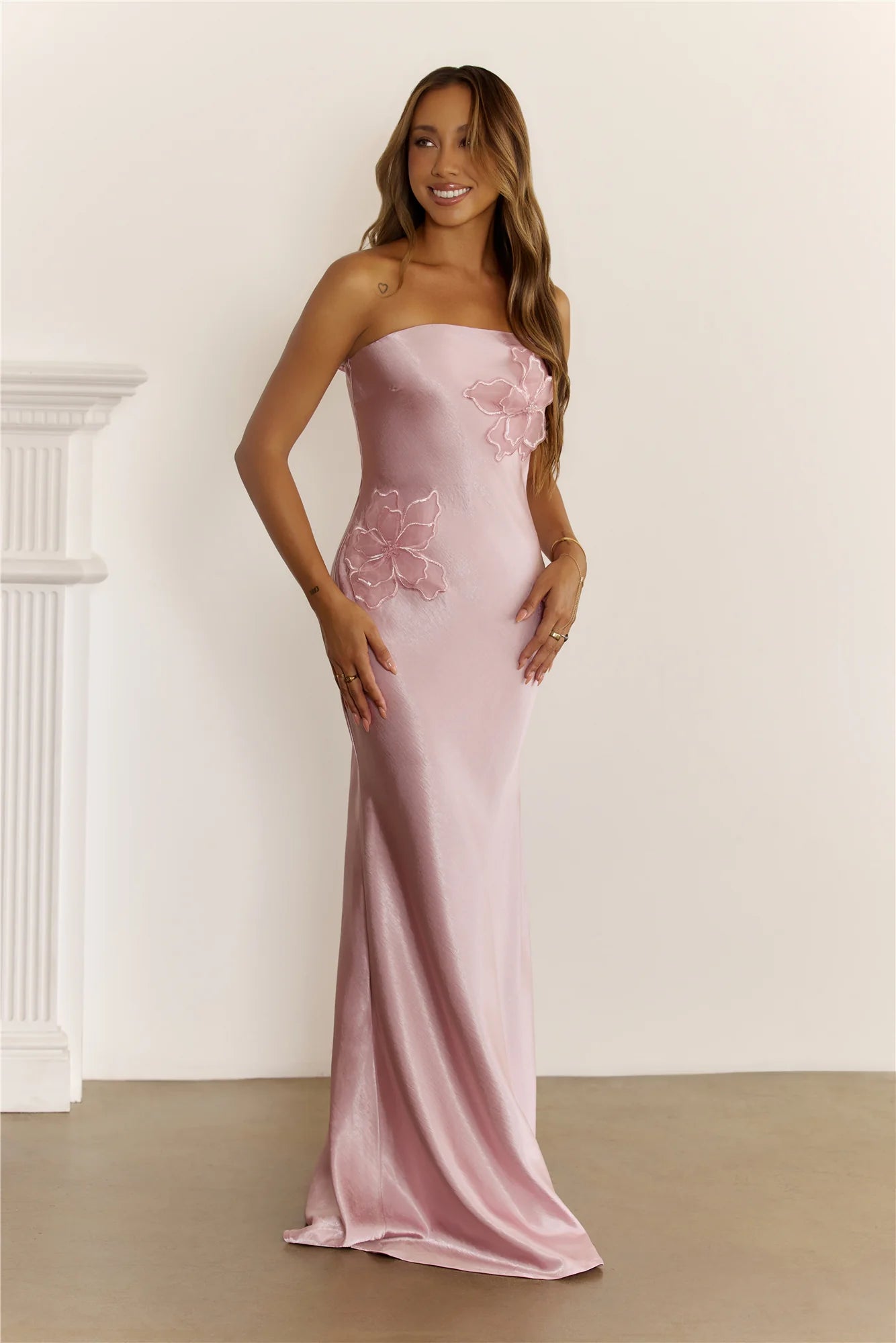 Blush Pink Strapless Floral Appliqué Satin Mermaid Evening Dresses