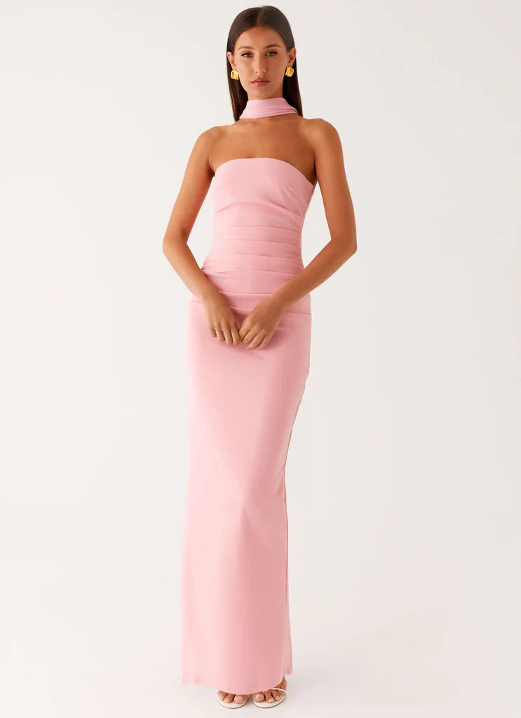 Blush Pink Strapless Halter Neck Ruched Maxi Prom Dress For Elegant Formal Evening Events