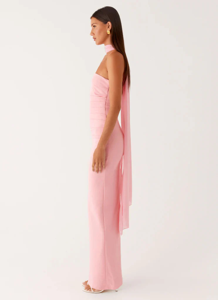 Blush Pink Strapless Halter Neck Ruched Maxi Prom Dress For Elegant Formal Evening Events