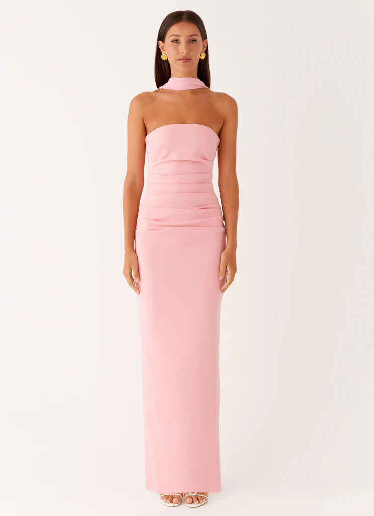 Blush Pink Strapless Halter Neck Ruched Maxi Prom Dress For Elegant Formal Evening Events