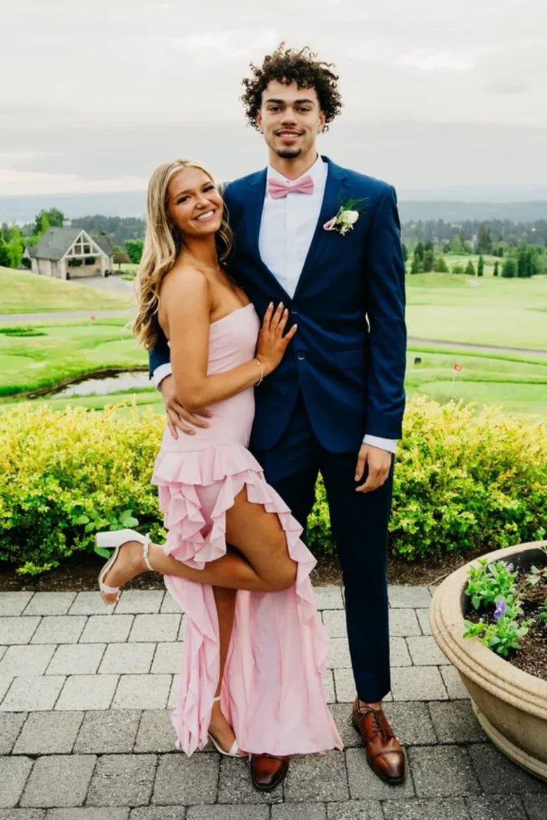 Blush Pink Strapless High-Low Ruffle Maxi Prom Dress with Side Slit for Evening