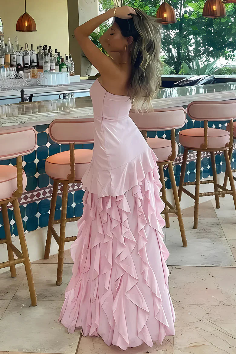 Blush Pink Strapless High-Low Ruffle Maxi Prom Dress with Side Slit for Evening