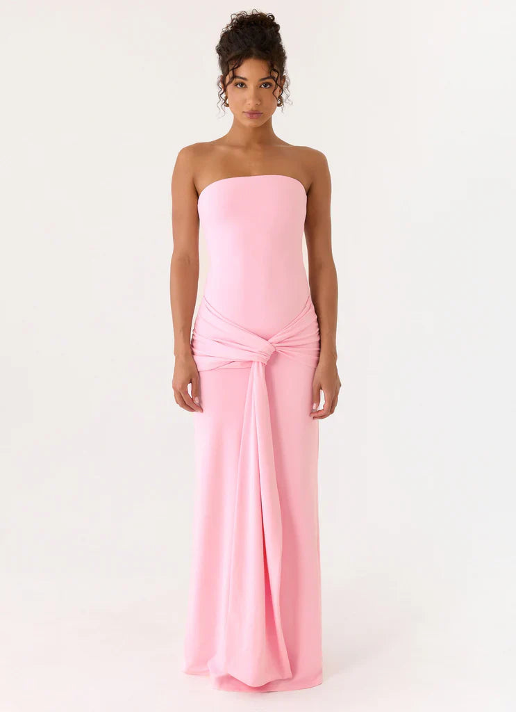 Blush Pink Strapless Knot Waist Maxi Prom Dress For Elegant Formal Evening Occasions