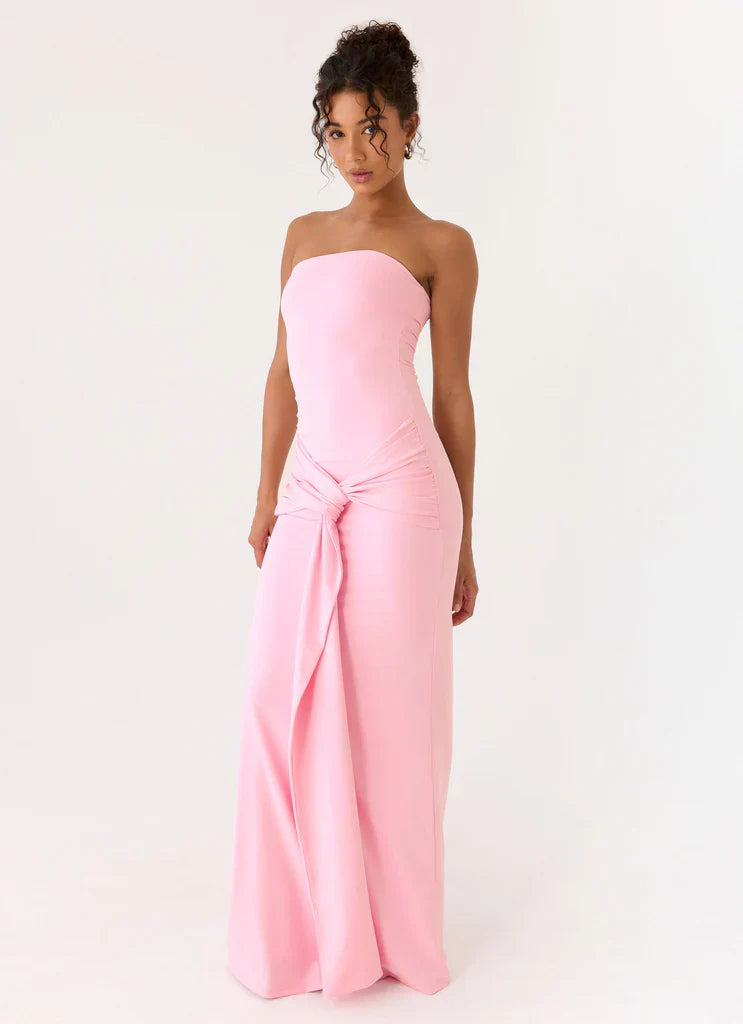 Blush Pink Strapless Knot Waist Maxi Prom Dress For Elegant Formal Evening Occasions