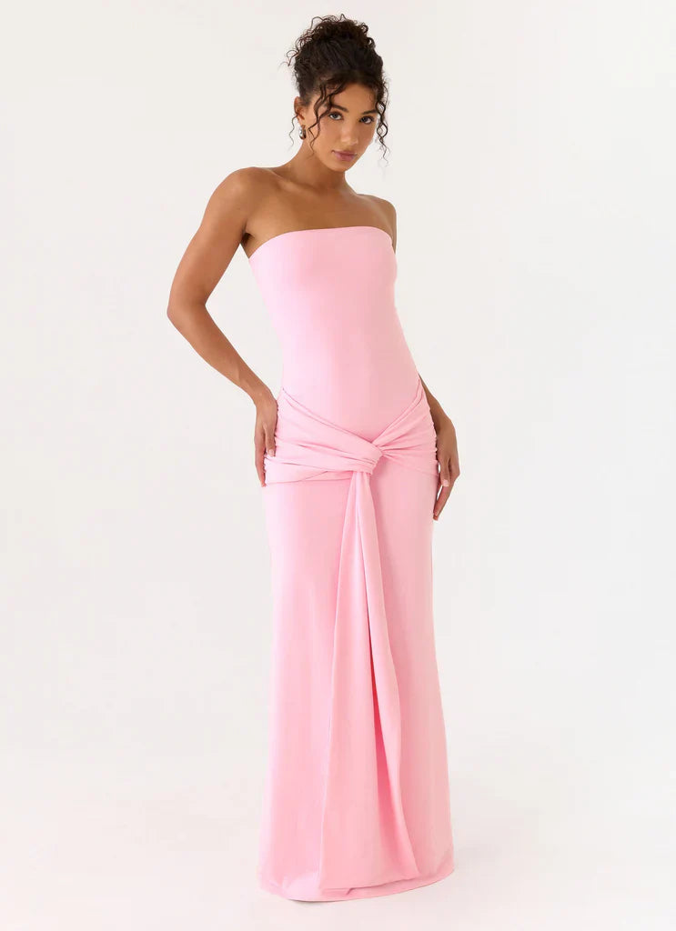 Blush Pink Strapless Knot Waist Maxi Prom Dress For Elegant Formal Evening Occasions