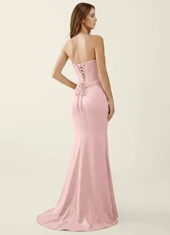 Blush Pink Strapless Lace Corset Mermaid Evening Dresses