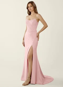 Blush Pink Strapless Lace Corset Mermaid Evening Dresses