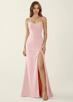 Blush Pink Strapless Lace Corset Mermaid Evening Dresses