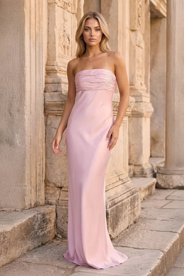 Blush Pink Strapless Ruched Satin Maxi withLace-Up Back Prom Dress