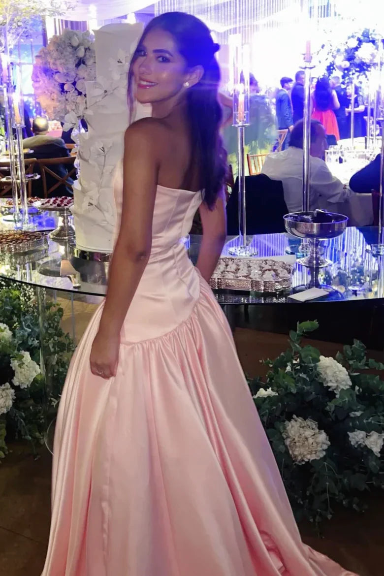 Blush Pink Strapless Satin Prom Dress with Drop Waist and Train