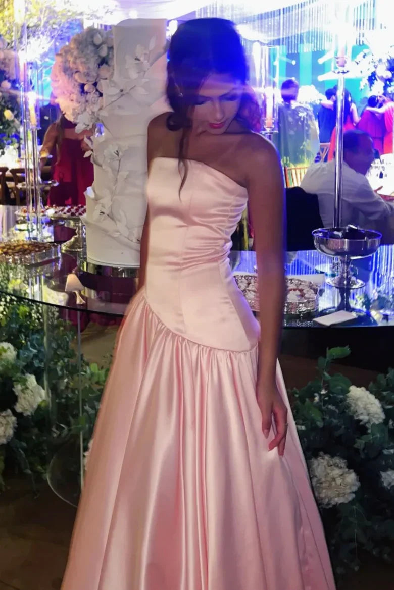 Blush Pink Strapless Satin Prom Dress with Drop Waist and Train