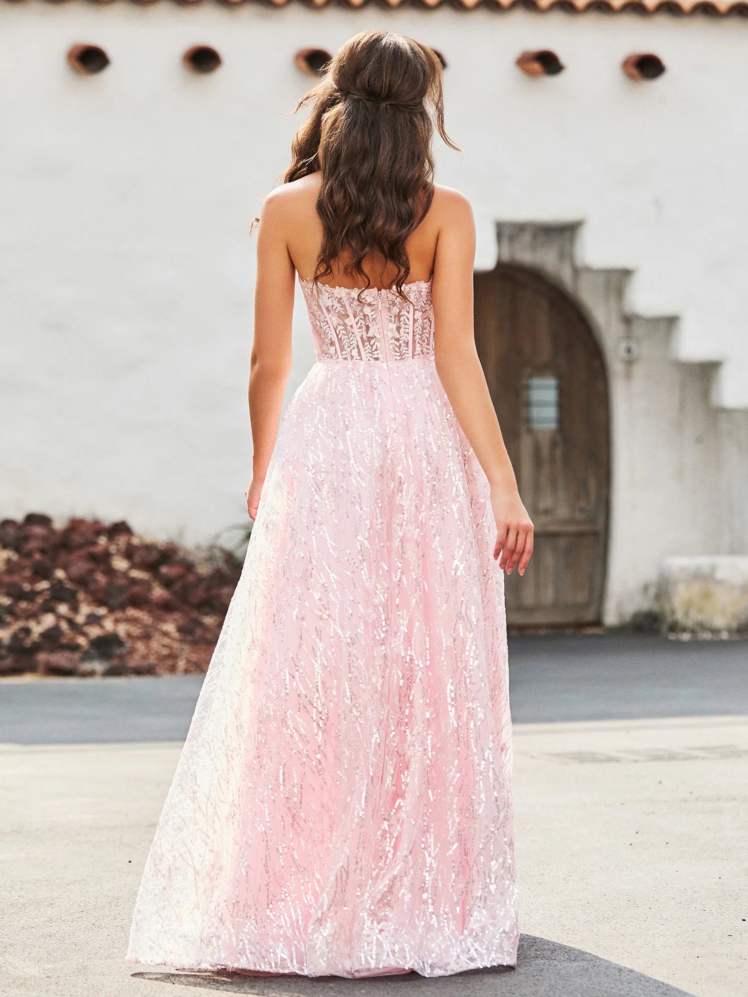 Blush Pink Strapless Sequin Corset A-Line Evening Gown Evening Dress